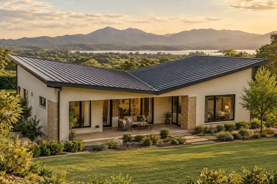 Illustrative modern home with a charcoal metal butterfly roof