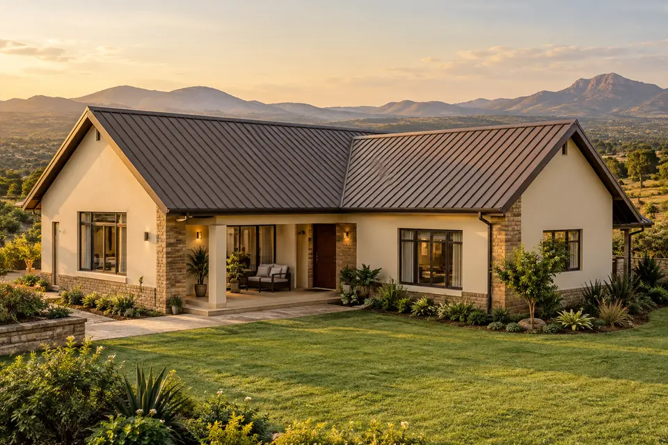 Illustrative L-shaped home with intersecting bronze metal gable roofs