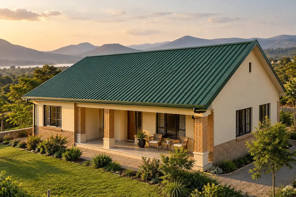 Illustrative home with a forest-green metal gable roof