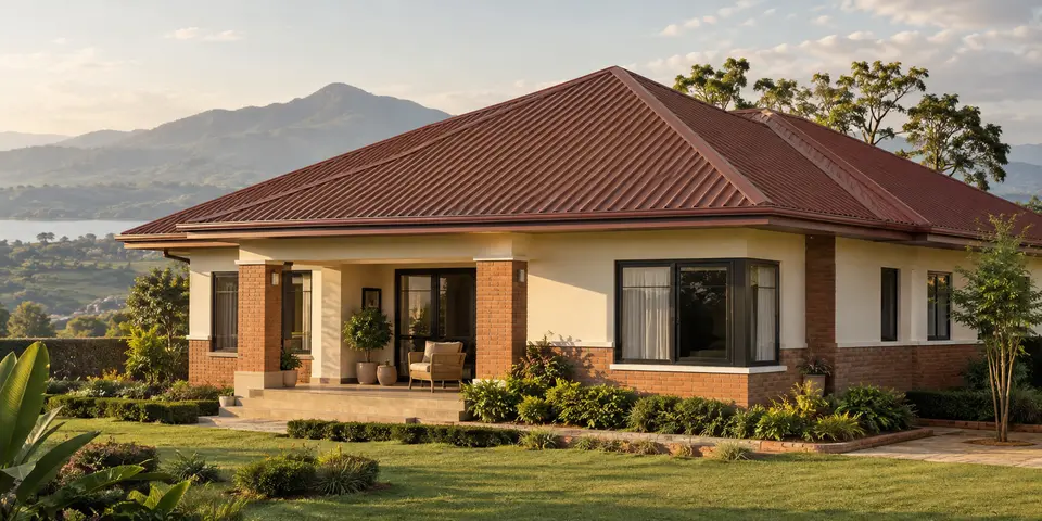 Illustrative home with a red-brown metal hip roof and a green garden