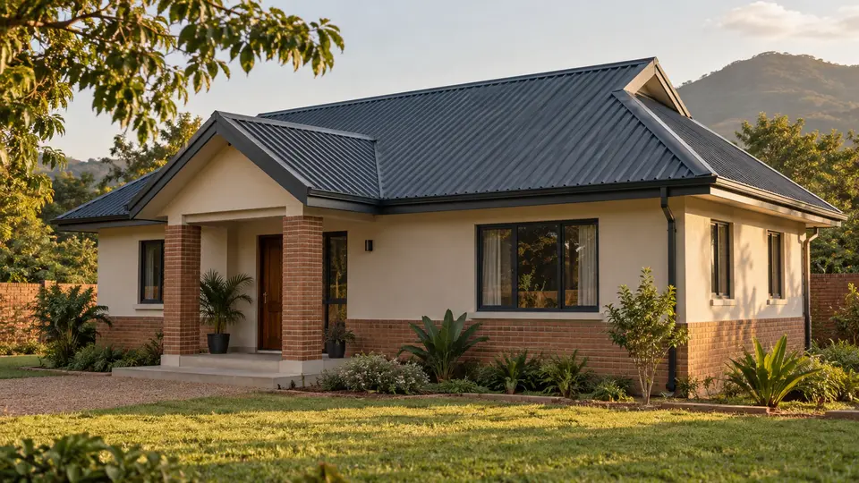 Illustrative home with a charcoal pitched metal roof in a green landscape