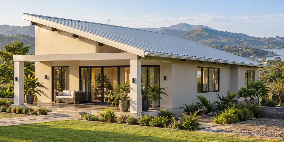 Illustrative modern home with a silver mono-pitch metal roof