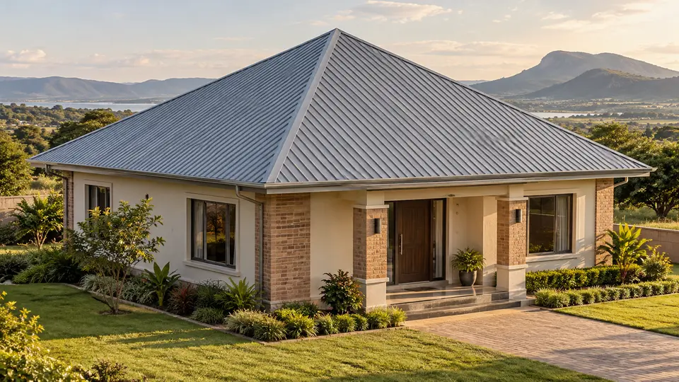 Illustrative square home with a silver-grey metal pyramid roof